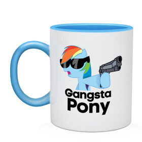 Кружка двухцветная с принтом Gangsta pony в Кировске, керамика | объем — 330 мл, диаметр — 80 мм. Цветная ручка и кайма сверху, в некоторых цветах — вся внутренняя часть | gangsta pony | my little pony | pony | брони | ганста пони | оружие | очки | пистолет | пони