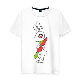 Мужская футболка хлопок с принтом Зайка с морковкой в Кировске, 100% хлопок | прямой крой, круглый вырез горловины, длина до линии бедер, слегка спущенное плечо. | животны | зайка с морковкой | займа | заяц | милый | морковка