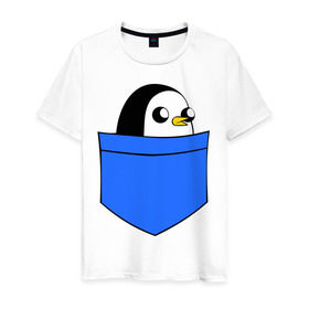 Мужская футболка хлопок с принтом Пингвин в кармане в Кировске, 100% хлопок | прямой крой, круглый вырез горловины, длина до линии бедер, слегка спущенное плечо. | Тематика изображения на принте: пингвин