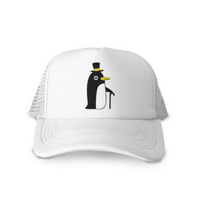 Кепка тракер с сеткой с принтом Пингвин в шляпе в Кировске, трикотажное полотно; задняя часть — сетка | длинный козырек, универсальный размер, пластиковая застежка | животные | лед | пингвин в шляпе | трость.снег | шляпа