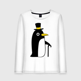 Женский лонгслив хлопок с принтом Пингвин в шляпе в Кировске, 100% хлопок |  | животные | лед | пингвин в шляпе | трость.снег | шляпа