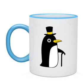 Кружка двухцветная с принтом Пингвин в шляпе в Кировске, керамика | объем — 330 мл, диаметр — 80 мм. Цветная ручка и кайма сверху, в некоторых цветах — вся внутренняя часть | животные | лед | пингвин в шляпе | трость.снег | шляпа