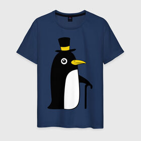 Мужская футболка хлопок с принтом Пингвин в шляпе в Кировске, 100% хлопок | прямой крой, круглый вырез горловины, длина до линии бедер, слегка спущенное плечо. | животные | лед | пингвин в шляпе | трость.снег | шляпа