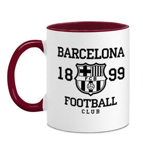 Кружка двухцветная с принтом Barcelona 1899 в Кировске, керамика | объем — 330 мл, диаметр — 80 мм. Цветная ручка и кайма сверху, в некоторых цветах — вся внутренняя часть | Тематика изображения на принте: barcelona | fc | fc barcelona | footbal club | барселона | лого | логотип | спорт | футбол | футбольный клуб