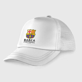 Детская кепка тракер с принтом Barcelona FC в Кировске, Козырек - 100% хлопок. Кепка - 100% полиэстер, Задняя часть - сетка | универсальный размер, пластиковая застёжка | barcelona | fc | fc barcelona | footbal club | барселона | лого | логотип | спорт | футбол | футбольный клуб