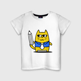 Детская футболка хлопок с принтом Деловой котик в Кировске, 100% хлопок | круглый вырез горловины, полуприлегающий силуэт, длина до линии бедер | Тематика изображения на принте: бизнесмен | карандаш | кот