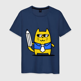 Мужская футболка хлопок с принтом Деловой котик в Кировске, 100% хлопок | прямой крой, круглый вырез горловины, длина до линии бедер, слегка спущенное плечо. | бизнесмен | карандаш | кот