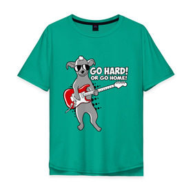 Мужская футболка хлопок Oversize с принтом Собака с гитарой (Go hard or go home) в Кировске, 100% хлопок | свободный крой, круглый ворот, “спинка” длиннее передней части | Тематика изображения на принте: гитара