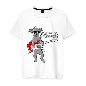 Мужская футболка хлопок с принтом Собака с гитарой (Go hard or go home) в Кировске, 100% хлопок | прямой крой, круглый вырез горловины, длина до линии бедер, слегка спущенное плечо. | Тематика изображения на принте: гитара