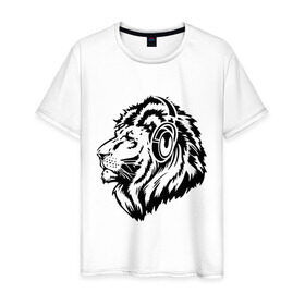 Мужская футболка хлопок с принтом Лев в наушниках в Кировске, 100% хлопок | прямой крой, круглый вырез горловины, длина до линии бедер, слегка спущенное плечо. | лев | лев в наушниках | музыка | наушники