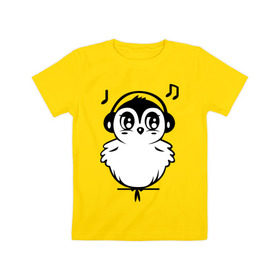 Детская футболка хлопок с принтом Птичка в наушниках в Кировске, 100% хлопок | круглый вырез горловины, полуприлегающий силуэт, длина до линии бедер | воробей | мелодия | меломан | музыка | наушники | ноты | птица | птичка