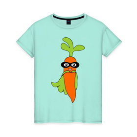 Женская футболка хлопок с принтом Супер-морковь в Кировске, 100% хлопок | прямой крой, круглый вырез горловины, длина до линии бедер, слегка спущенное плечо | супергерой