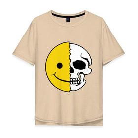 Мужская футболка хлопок Oversize с принтом Смайлик-черепок в Кировске, 100% хлопок | свободный крой, круглый ворот, “спинка” длиннее передней части | Тематика изображения на принте: скелет