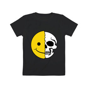 Детская футболка хлопок с принтом Смайлик-черепок в Кировске, 100% хлопок | круглый вырез горловины, полуприлегающий силуэт, длина до линии бедер | Тематика изображения на принте: скелет