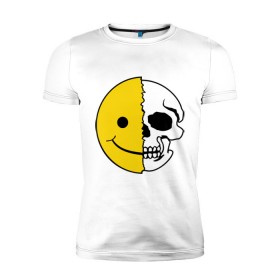 Мужская футболка премиум с принтом Смайлик-черепок в Кировске, 92% хлопок, 8% лайкра | приталенный силуэт, круглый вырез ворота, длина до линии бедра, короткий рукав | скелет