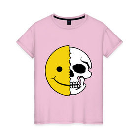 Женская футболка хлопок с принтом Смайлик-черепок в Кировске, 100% хлопок | прямой крой, круглый вырез горловины, длина до линии бедер, слегка спущенное плечо | Тематика изображения на принте: скелет