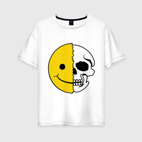 Женская футболка хлопок Oversize с принтом Смайлик-черепок в Кировске, 100% хлопок | свободный крой, круглый ворот, спущенный рукав, длина до линии бедер
 | скелет