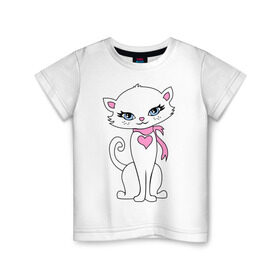 Детская футболка хлопок с принтом Кошечка в Кировске, 100% хлопок | круглый вырез горловины, полуприлегающий силуэт, длина до линии бедер | белая | грация | изящная | киса | кошечка | милая | ошейник | сердечко