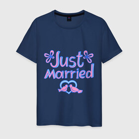 Мужская футболка хлопок с принтом Just married blue в Кировске, 100% хлопок | прямой крой, круглый вырез горловины, длина до линии бедер, слегка спущенное плечо. | just married | брак | голубки | жених | кольца | молодожены | невеста | свадьба | супруги