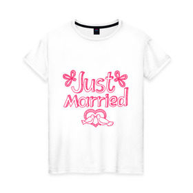 Женская футболка хлопок с принтом Just married pink в Кировске, 100% хлопок | прямой крой, круглый вырез горловины, длина до линии бедер, слегка спущенное плечо | just married | брак | голубки | жених | кольца | молодожены | невеста | свадьба | супруги