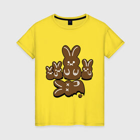 Женская футболка хлопок с принтом Шоколадные кролики в Кировске, 100% хлопок | прямой крой, круглый вырез горловины, длина до линии бедер, слегка спущенное плечо | Тематика изображения на принте: chocolate | death | rabbit | еда | зайцы | заяц | зверь | кролик | шоколад
