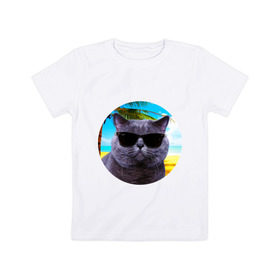 Детская футболка хлопок с принтом Котэ на пляже в Кировске, 100% хлопок | круглый вырез горловины, полуприлегающий силуэт, длина до линии бедер | кот | котэ | лето | мем | очки | пальма | пляж | солнце