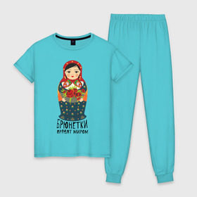 Женская пижама хлопок с принтом Брюнетки правят миром в Кировске, 100% хлопок | брюки и футболка прямого кроя, без карманов, на брюках мягкая резинка на поясе и по низу штанин | русь