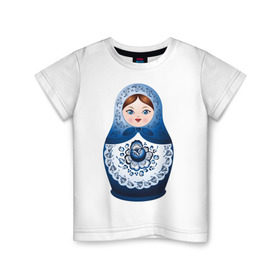 Детская футболка хлопок с принтом Матрешка Гжель в Кировске, 100% хлопок | круглый вырез горловины, полуприлегающий силуэт, длина до линии бедер | русь