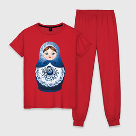Женская пижама хлопок с принтом Матрешка Гжель в Кировске, 100% хлопок | брюки и футболка прямого кроя, без карманов, на брюках мягкая резинка на поясе и по низу штанин | русь