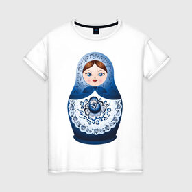 Женская футболка хлопок с принтом Матрешка Гжель в Кировске, 100% хлопок | прямой крой, круглый вырез горловины, длина до линии бедер, слегка спущенное плечо | русь