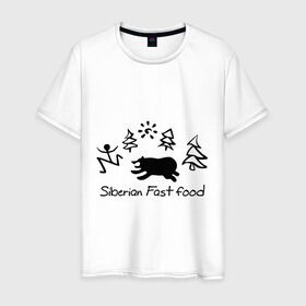 Мужская футболка хлопок с принтом Siberian Fast food в Кировске, 100% хлопок | прямой крой, круглый вырез горловины, длина до линии бедер, слегка спущенное плечо. | Тематика изображения на принте: siberia fastfood | елки | фастфуд