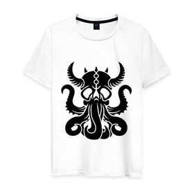 Мужская футболка хлопок с принтом Морской демон в Кировске, 100% хлопок | прямой крой, круглый вырез горловины, длина до линии бедер, слегка спущенное плечо. | демон | ктулху | море | океан | рога | тентакль