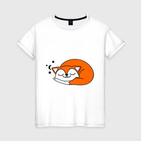 Женская футболка хлопок с принтом Спящий лисёнок в Кировске, 100% хлопок | прямой крой, круглый вырез горловины, длина до линии бедер, слегка спущенное плечо | лиса
