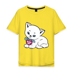 Мужская футболка хлопок Oversize с принтом Белая кошечка в Кировске, 100% хлопок | свободный крой, круглый ворот, “спинка” длиннее передней части | kiss | kiss me | киса | киска | котейка | котенок | котя | кошечка | кошка | лапочка