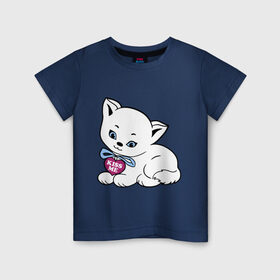 Детская футболка хлопок с принтом Белая кошечка в Кировске, 100% хлопок | круглый вырез горловины, полуприлегающий силуэт, длина до линии бедер | kiss | kiss me | киса | киска | котейка | котенок | котя | кошечка | кошка | лапочка