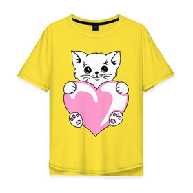 Мужская футболка хлопок Oversize с принтом Котеночек с сердечком в Кировске, 100% хлопок | свободный крой, круглый ворот, “спинка” длиннее передней части | киса | киска | котейка | котенок | котя | кошечка | кошка | лапочка | сердечко | сердце