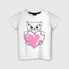 Детская футболка хлопок с принтом Котеночек с сердечком в Кировске, 100% хлопок | круглый вырез горловины, полуприлегающий силуэт, длина до линии бедер | киса | киска | котейка | котенок | котя | кошечка | кошка | лапочка | сердечко | сердце
