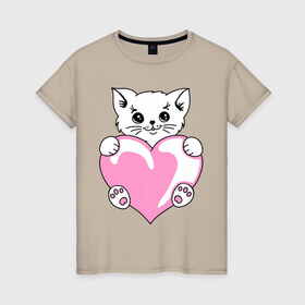 Женская футболка хлопок с принтом Котеночек с сердечком в Кировске, 100% хлопок | прямой крой, круглый вырез горловины, длина до линии бедер, слегка спущенное плечо | киса | киска | котейка | котенок | котя | кошечка | кошка | лапочка | сердечко | сердце