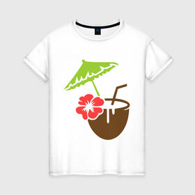 Женская футболка хлопок с принтом Коктейль в Кировске, 100% хлопок | прямой крой, круглый вырез горловины, длина до линии бедер, слегка спущенное плечо | зонтик | кокос | коктейль | лето | море | отпуск | пляж