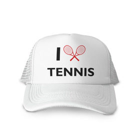 Кепка тракер с сеткой с принтом I Love Tennis в Кировске, трикотажное полотно; задняя часть — сетка | длинный козырек, универсальный размер, пластиковая застежка | ракетка | тенис | теннис | теннисист