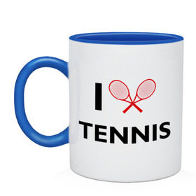 Кружка двухцветная с принтом I Love Tennis в Кировске, керамика | объем — 330 мл, диаметр — 80 мм. Цветная ручка и кайма сверху, в некоторых цветах — вся внутренняя часть | ракетка | тенис | теннис | теннисист