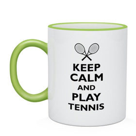 Кружка двухцветная с принтом Play tennis в Кировске, керамика | объем — 330 мл, диаметр — 80 мм. Цветная ручка и кайма сверху, в некоторых цветах — вся внутренняя часть | ракетка | тенис | теннис | теннисист