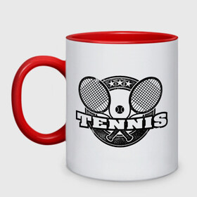 Кружка двухцветная с принтом Tennis в Кировске, керамика | объем — 330 мл, диаметр — 80 мм. Цветная ручка и кайма сверху, в некоторых цветах — вся внутренняя часть | ракетка | тенис | теннис | теннисист
