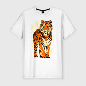 Мужская футболка премиум с принтом Тигр в Кировске, 92% хлопок, 8% лайкра | приталенный силуэт, круглый вырез ворота, длина до линии бедра, короткий рукав | tiger | бамбук | тигр | хищник