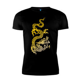 Мужская футболка премиум с принтом Золотой дракон в Кировске, 92% хлопок, 8% лайкра | приталенный силуэт, круглый вырез ворота, длина до линии бедра, короткий рукав | дракон | золотой | китайский | тату