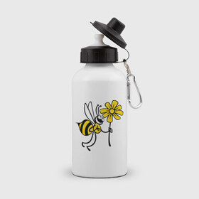 Бутылка спортивная с принтом Пчела с цветочком в Кировске, металл | емкость — 500 мл, в комплекте две пластиковые крышки и карабин для крепления | Тематика изображения на принте: оса | пчела | цветок | шмель