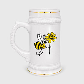Кружка пивная с принтом Пчела с цветочком в Кировске,  керамика (Материал выдерживает высокую температуру, стоит избегать резкого перепада температур) |  объем 630 мл | Тематика изображения на принте: оса | пчела | цветок | шмель
