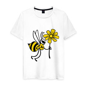 Мужская футболка хлопок с принтом Пчела с цветочком в Кировске, 100% хлопок | прямой крой, круглый вырез горловины, длина до линии бедер, слегка спущенное плечо. | оса | пчела | цветок | шмель