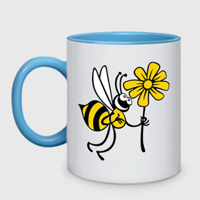 Кружка двухцветная с принтом Пчела с цветочком в Кировске, керамика | объем — 330 мл, диаметр — 80 мм. Цветная ручка и кайма сверху, в некоторых цветах — вся внутренняя часть | оса | пчела | цветок | шмель
