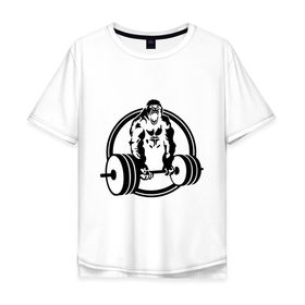Мужская футболка хлопок Oversize с принтом Горилла со штангой в Кировске, 100% хлопок | свободный крой, круглый ворот, “спинка” длиннее передней части | горилла | кач | спорт | штанга